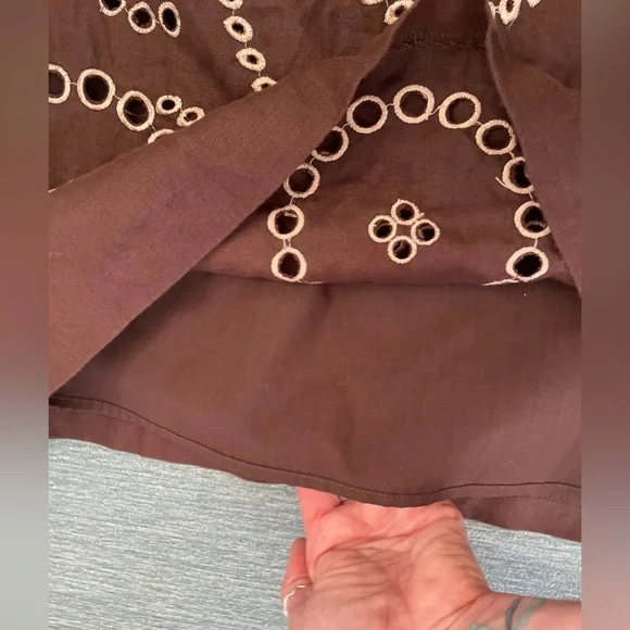 SAAC MIZRAH Brown Eyelet Linen Knee length Dress Size 10 - Picture 6 of 16